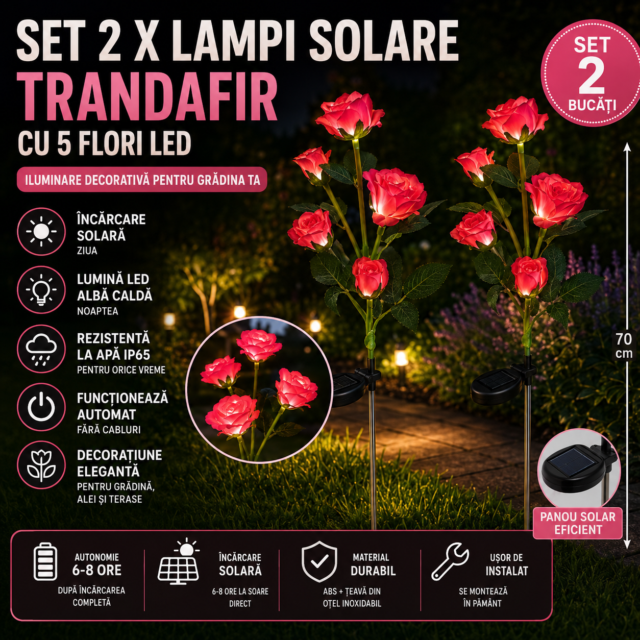 Set 2 X Lampi Solare Trandafir Cu 5 Flori LED, Senzor Lumina Automat, Rezistente La Apa, Decor Gradina Exterior, Diverse Culori