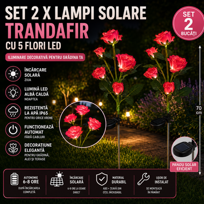Set 2 X Lampi Solare Trandafir Cu 5 Flori LED, Senzor Lumina Automat, Rezistente La Apa, Decor Gradina Exterior, Diverse Culori