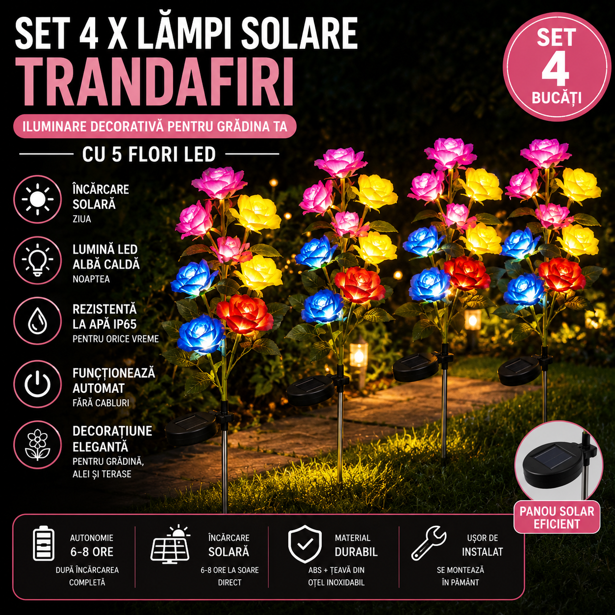 Set 4 X Lampi Solare Trandafir Cu 5 Flori LED, Senzor Lumina Automat, Rezistente La Apa, Decor Exterior Gradina, Curte Si Alei, Diverse Culori