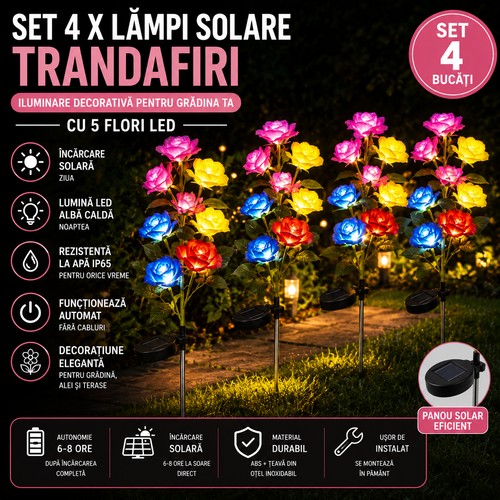 Set 4 X Lampi Solare Trandafir Cu 5 Flori LED, Senzor Lumina Automat, Rezistente La Apa, Decor Exterior Gradina, Curte Si Alei, Diverse Culori