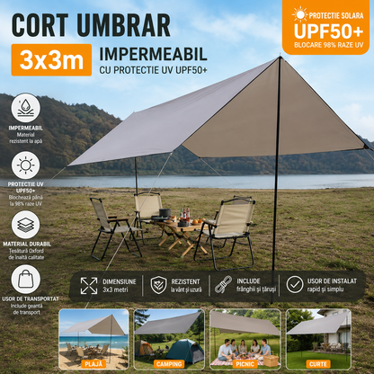 Cort Umbrar 3x3m Impermeabil Cu Protectie UV UPF50+, 2 Stalpi Metalici, Gri