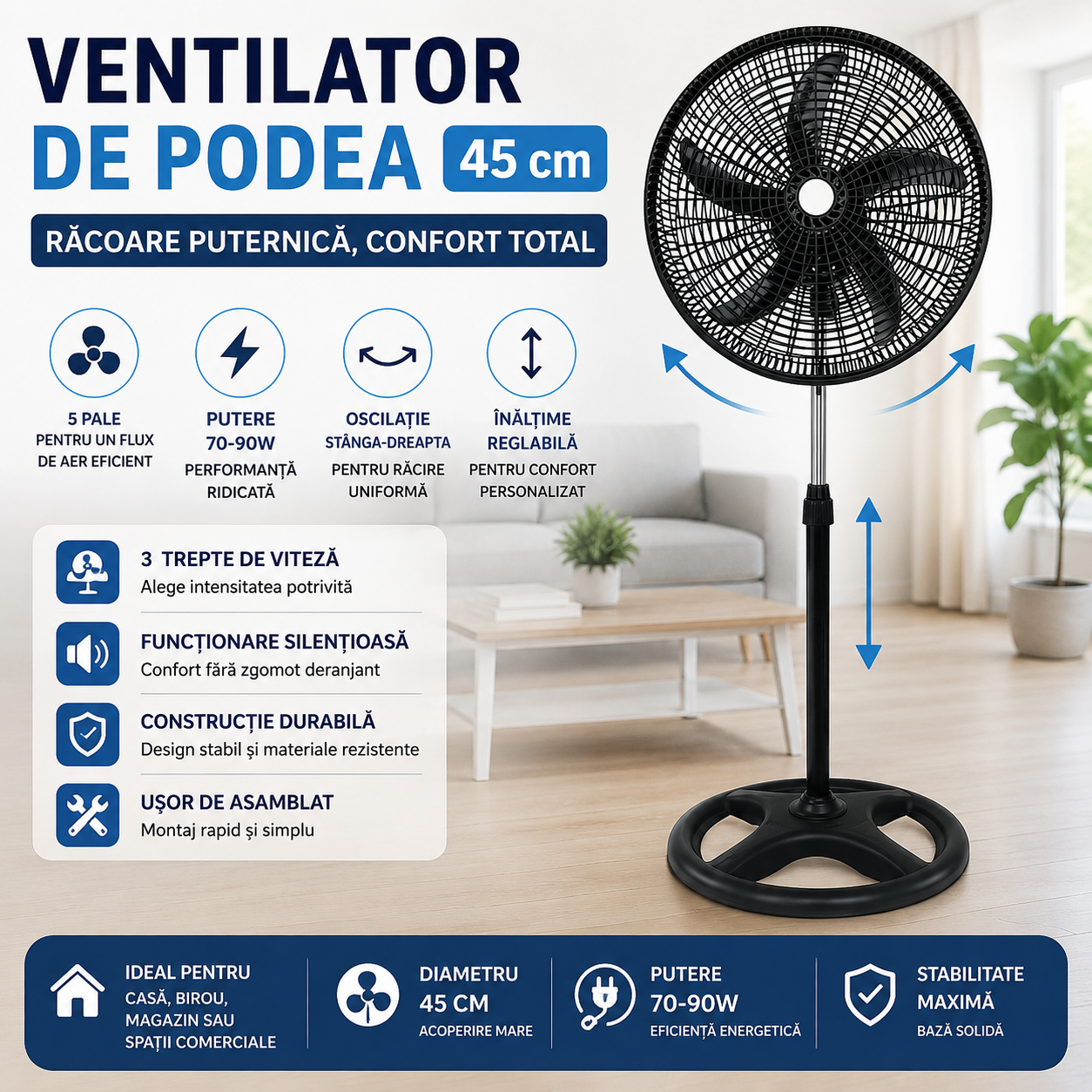 Ventilator De Podea 45 cm, Putere 70-90W, 5 Pale, Oscilatie Si Inaltime Reglabila, Functionare Silentioasa, Diverse Culori