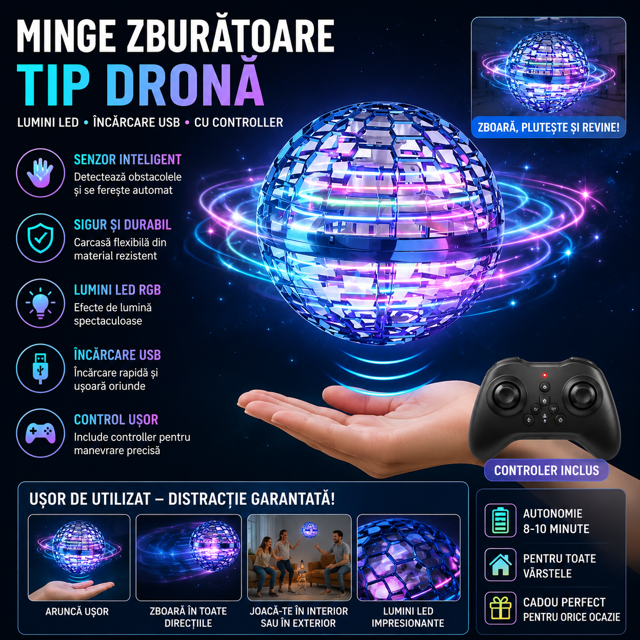 Minge zburatoare tip drona, lumini LED, incarcare USB, cu controller