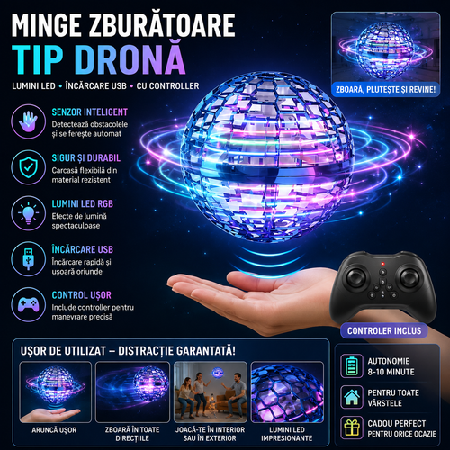Minge zburatoare tip drona, lumini LED, incarcare USB, cu controller