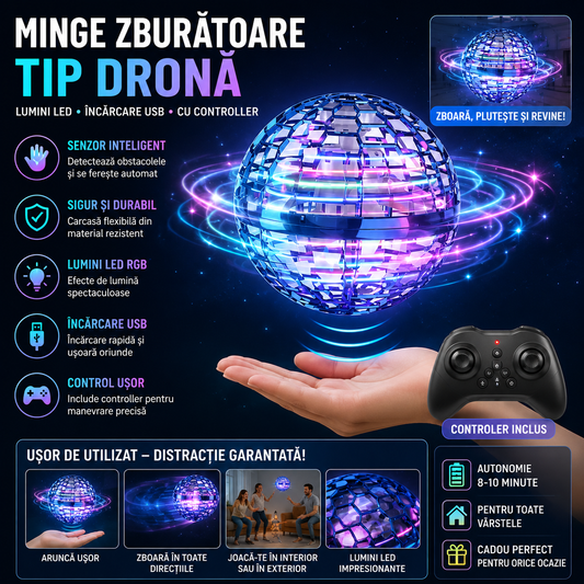 Minge zburatoare tip drona, lumini LED, incarcare USB, cu controller