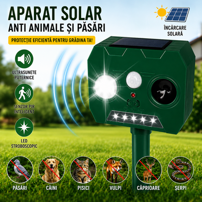 Aparat Solar cu Ultrasunete Anti Animale si Pasari, Senzor PIR, LED Stroboscopic, IP44, 2 Moduri, Montaj Exterior, Verde