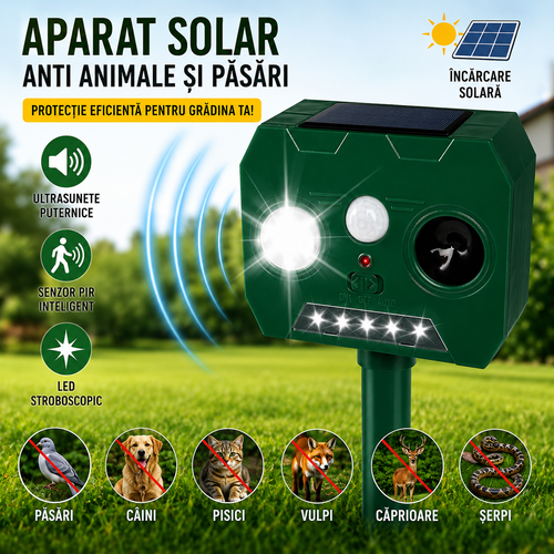 Aparat Solar cu Ultrasunete Anti Animale si Pasari, Senzor PIR, LED Stroboscopic, IP44, 2 Moduri, Montaj Exterior, Verde