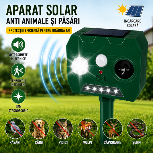 Aparat Solar cu Ultrasunete Anti Animale si Pasari, Senzor PIR, LED Stroboscopic, IP44, 2 Moduri, Montaj Exterior, Verde