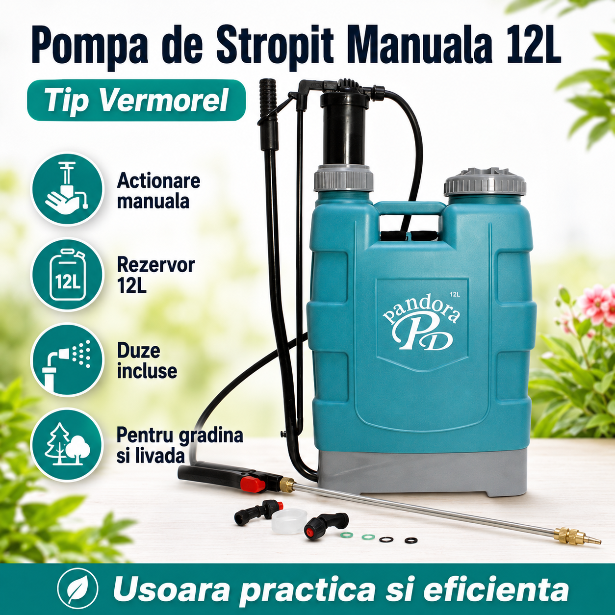 Pompa de Stropit Manuala 12L tip Vermorel, Pulverizator Puternic Gradina, Rezervor Mare, Accesorii Incluse – Ideal pentru Pomi, Legume si Flori