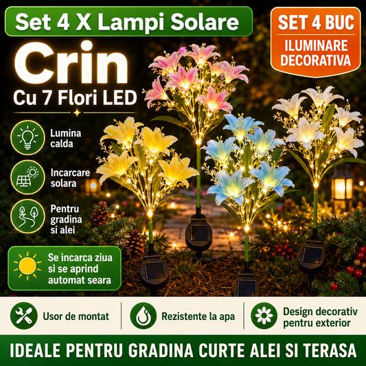 Set 4 X Lampi Solare Crin Cu 7 Flori LED Fiecare, Senzor Lumina, Rezistente La Apa, Decor Exterior Multicolor Pentru Gradina, Diverse Culori