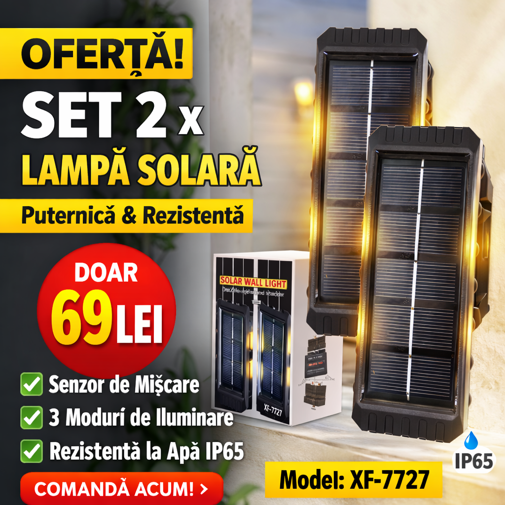 Set 2 x Lampi Solare de Perete cu 16 LED-uri, Iluminare Sus si Jos, Protectie IP65, Incarcare Automata si Baterie 2000 mAh