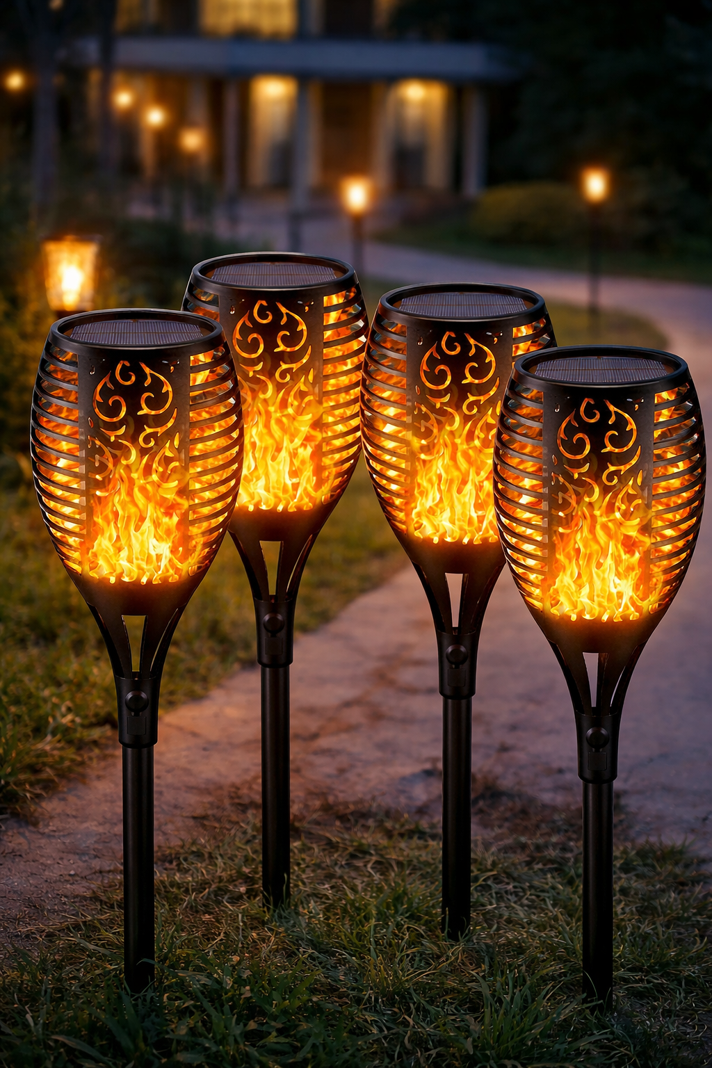 Set 4 x Lampa Solara Tip Torta cu Efect Flacara 51.5 cm – Iluminat Decorativ Exterior pentru Gradina, Alee si Curte
