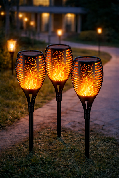 Set 3 x Lampa Solara Tip Torta cu Efect Flacara 51.5 cm – Iluminat Decorativ Exterior pentru Gradina, Alee si Curte