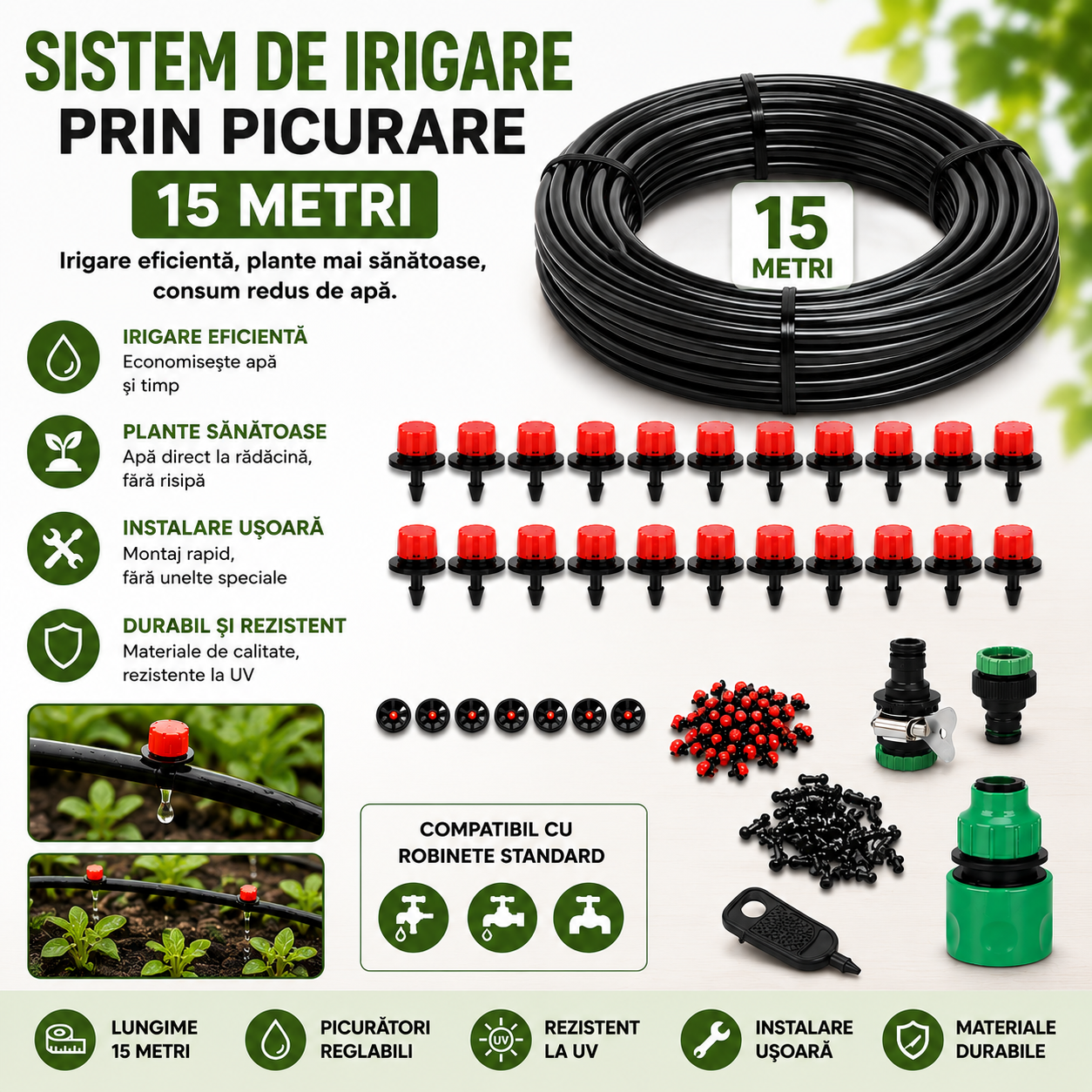 Sistem Irigare prin Picurare 15 Metri – Kit Complet cu Furtun, Picuratori si Conectori pentru Gradina si Legume