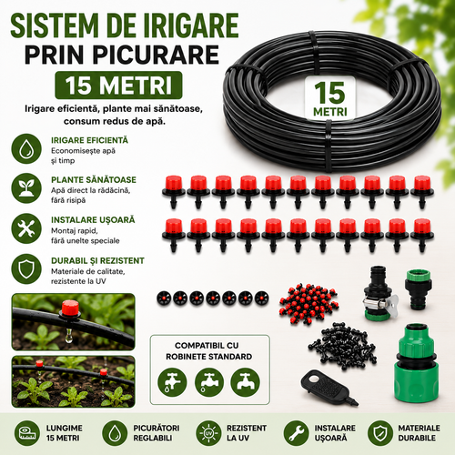 Sistem Irigare prin Picurare 15 Metri – Kit Complet cu Furtun, Picuratori si Conectori pentru Gradina si Legume