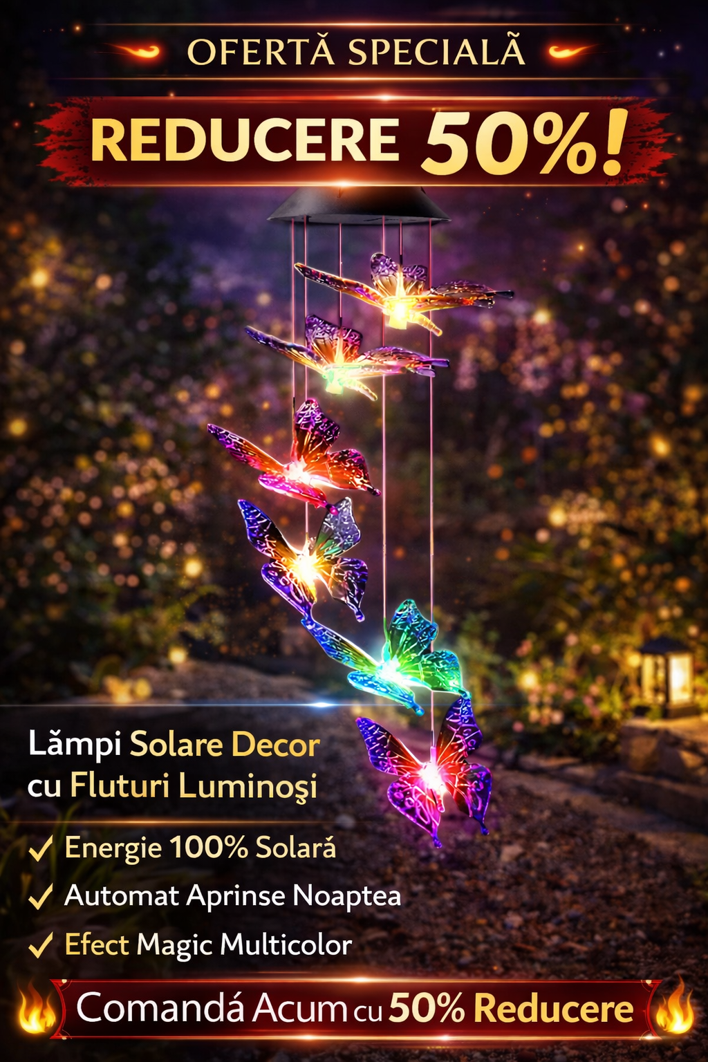 Lampa Solara Suspendata cu Fluturi LED Multicolor – Decoratiune Gradina si Terasa, Efect Luminos RGB, Incarcare Solara Automata