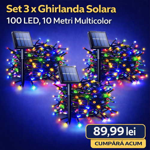 Set 3 x Ghirlanda Solara 100 LED, 10 Metri Multicolor – Rezistente la Intemperii, pentru Casa, Curte, Terasa