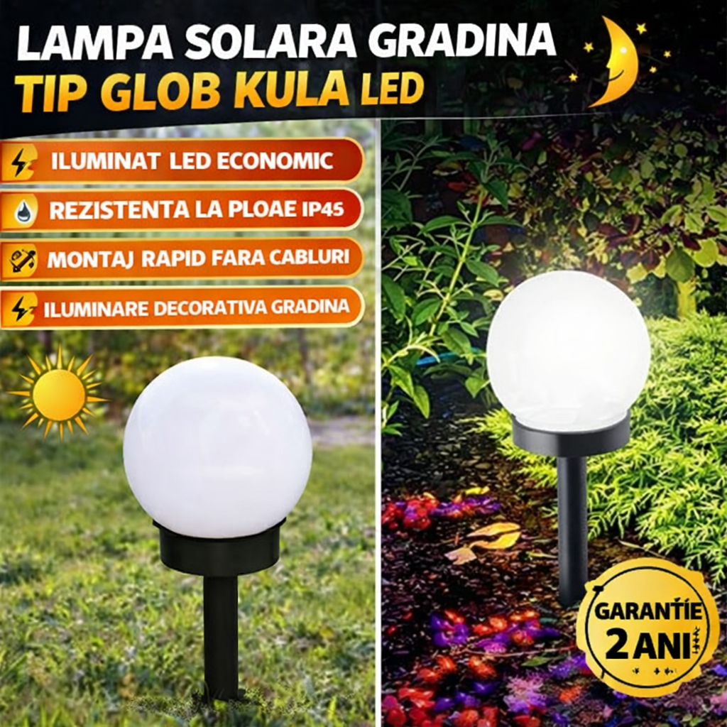 Set 3 x Lampa Solara Gradina Glob, Rezistenta IP44, Iluminare Ambientala Exterior, Ideala pentru Alei, Curte si Gradina