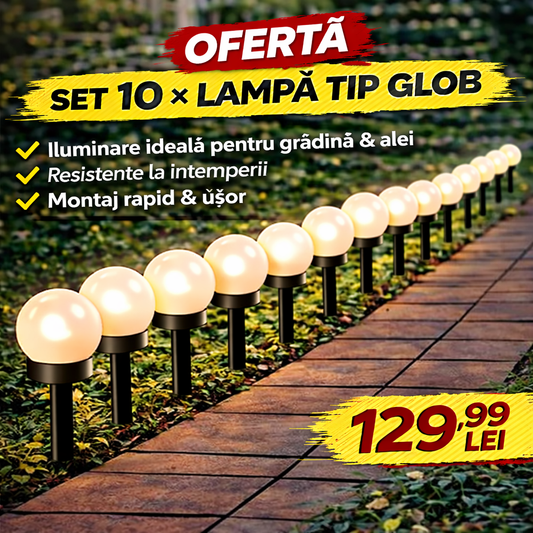Set 10 x Lampa Solara Gradina Glob, Rezistenta IP44, Iluminare Ambientala Exterior, Ideala pentru Alei, Curte si Gradina