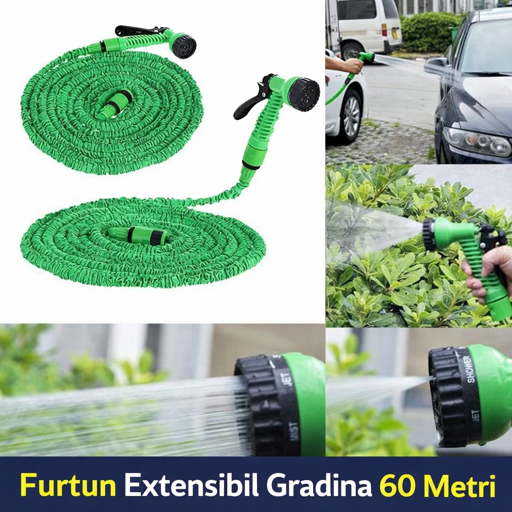 Furtun Extensibil Gradina 60 Metri cu Accesoriu Multifunctional de Stropit – Furtun Elastic pentru Udat, Spalat si Irigat