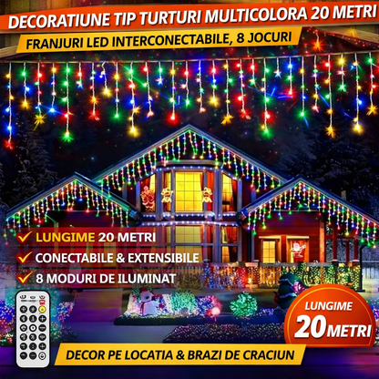 Instalatie Tip Turturi Multicolora 20 metri, Franjuri LED Interconectabile, 8 Jocuri de Lumini, Rezistenta la Exterior
