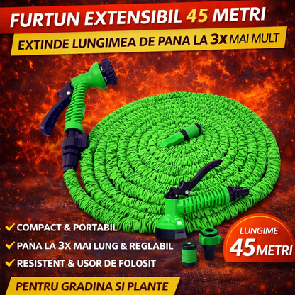 Furtun Extensibil Gradina 45 Metri cu Accesoriu Multifunctional de Stropit – Furtun Elastic pentru Udat, Spalat si Irigat