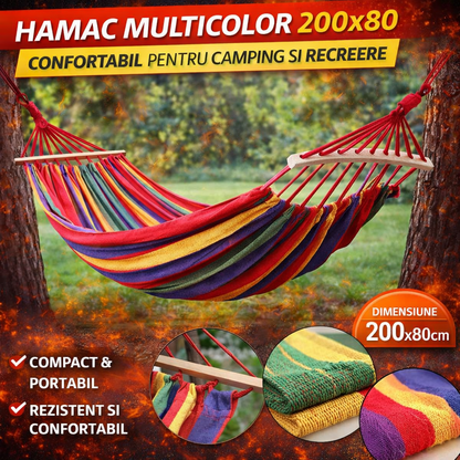 Hamac Multicolor 200x80 cm cu Bare din Lemn – Hamac Gradina pentru Relaxare, Terasa si Camping