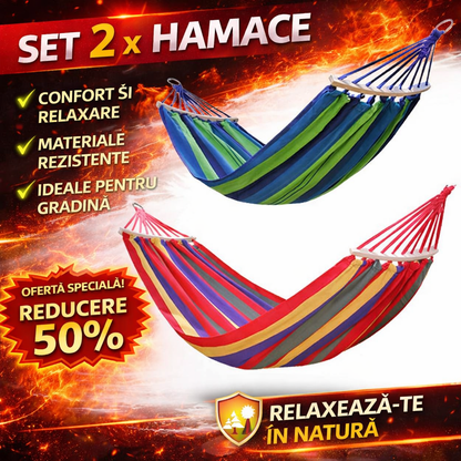 Set 2 x Hamac Colorat cu Bare din Lemn 200x80 cm – Hamac Gradina, Terasa si Camping din Bumbac Rezistent