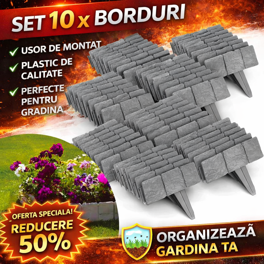 Set 10 x Bordura Decorativa Gradina Imitatie Piatra – Delimitare Gazon si Rond Flori, Montaj Rapid