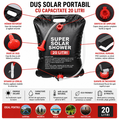 Dus Solar Portabil 20L pentru Camping, cu Furtun si Cap Dus, Incalzire Naturala la Soare