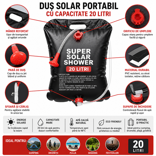 Dus Solar Portabil 20L pentru Camping, cu Furtun si Cap Dus, Incalzire Naturala la Soare