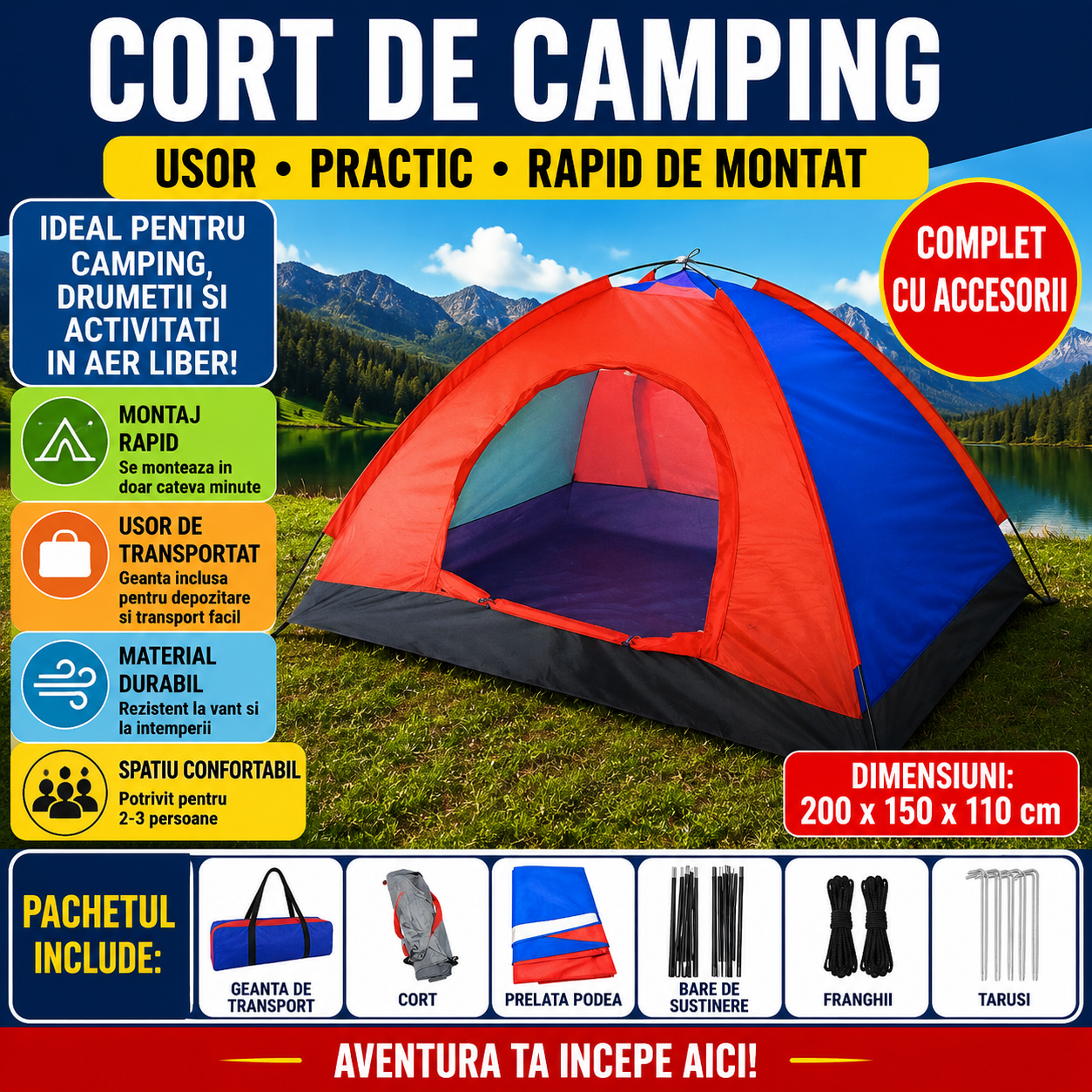 Cort pentru Camping 2-3 Persoane cu Plasa pentru Insecte 200 x 120 x 110 cm