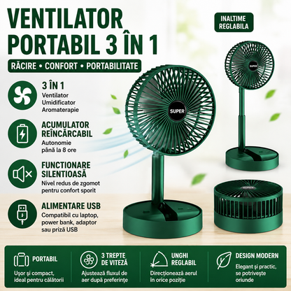 Ventilator de Masa LI Multifunctional 3 in 1 cu Suport pentru Telefon, Inaltime Reglabila, Pliabil, Silentios, 2000 mAh