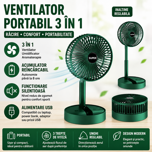 Ventilator de Masa LI Multifunctional 3 in 1 cu Suport pentru Telefon, Inaltime Reglabila, Pliabil, Silentios, 2000 mAh