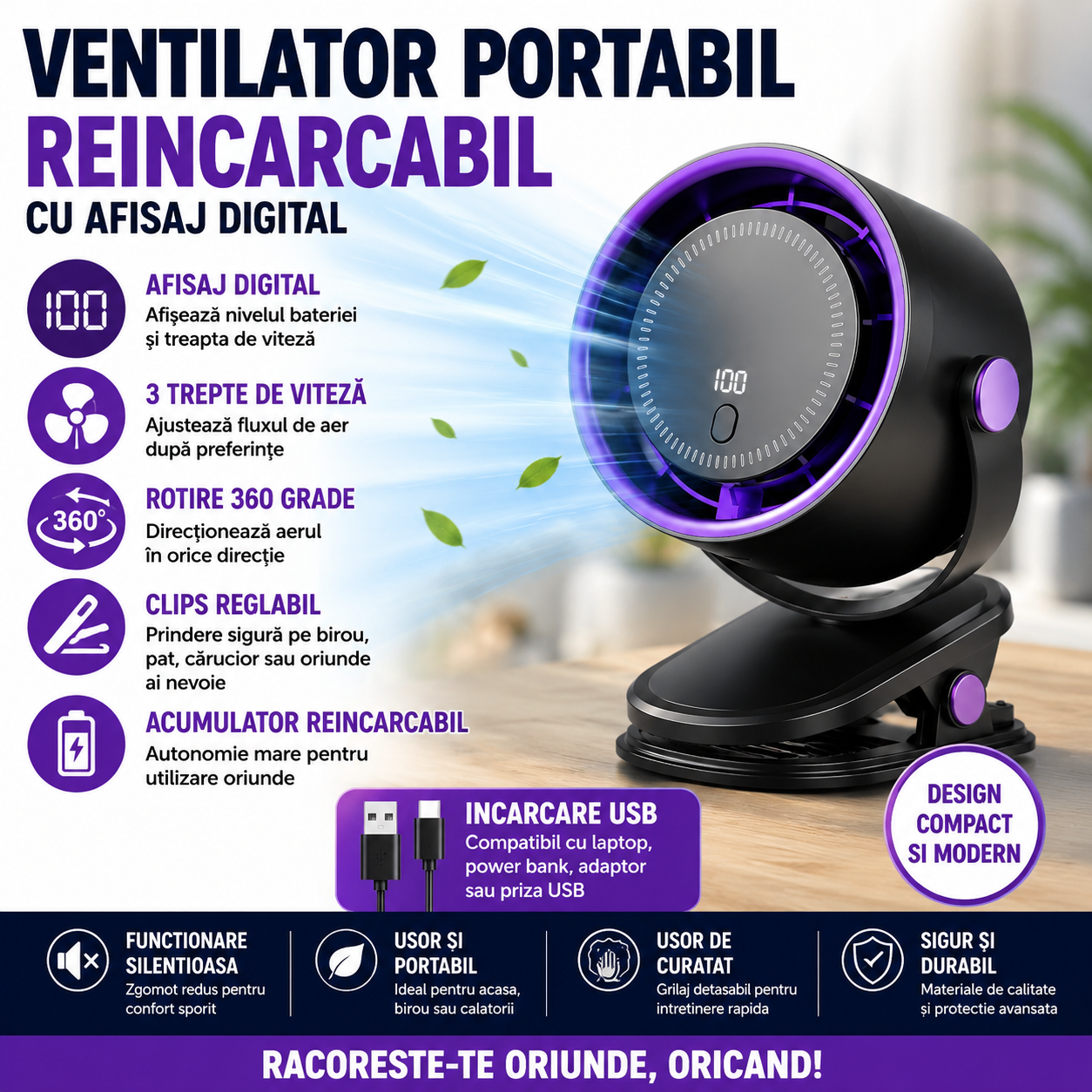 Ventilator Portabil Reincarcabil Cu Afisaj Digital, Clips Reglabil si Rotire 360 Grade, Silentios, Diverse Culori