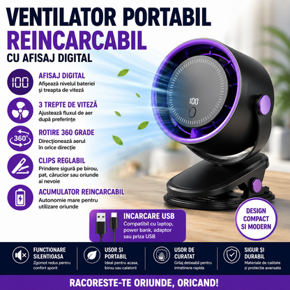 Ventilator Portabil Reincarcabil Cu Afisaj Digital, Clips Reglabil si Rotire 360 Grade, Silentios, Diverse Culori
