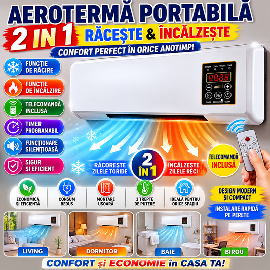 Aeroterma Portabila 2 in 1 cu Telecomanda, Functie de Racire si Incalzire, Design Compact
