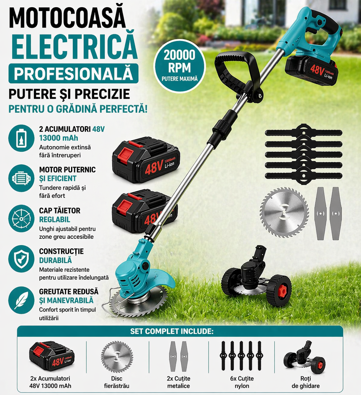 Motocoasa Electrica Profesionala cu 2 Acumulatori 48V – 13000 mAh, 20000 RPM, Set Complet pentru Tuns Iarba si Buruieni