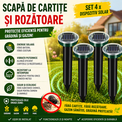 Set 4 x Dispozitiv Solar Anti Cartite si Rozatoare – Aparat cu Vibratii pentru Protectie Gradina si Gazon