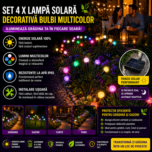 Set 4 X Lampa Solara Decorativa Bulbi Multicolor pentru Gradina – Iluminat LED Exterior Tip Bulb, Rezistente la Apa