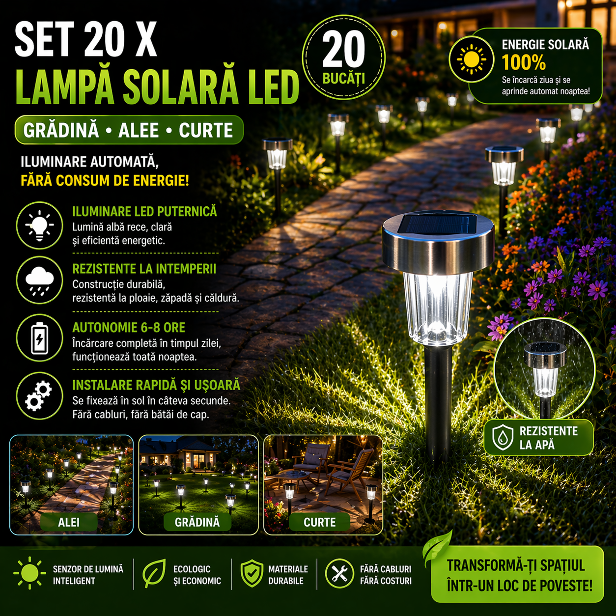 Set 20 x Lampa Solara LED Tip Tarus pentru Gradina, Alee si Curte – Iluminare Automata Exterior, Rezistente la Intemperii