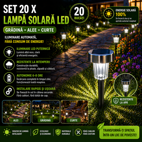 Set 20 x Lampa Solara LED Tip Tarus pentru Gradina, Alee si Curte – Iluminare Automata Exterior, Rezistente la Intemperii