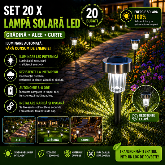 Set 20 x Lampa Solara LED Tip Tarus pentru Gradina, Alee si Curte – Iluminare Automata Exterior, Rezistente la Intemperii