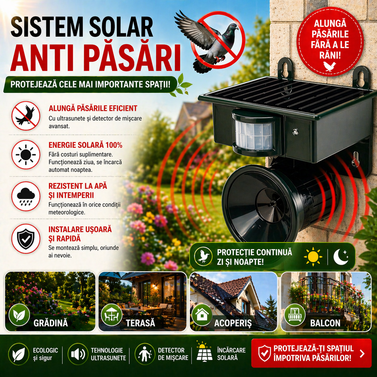 Sistem Solar Anti Pasari pentru Gradina, Terasa si Acoperis – Aparat cu Ultrasunete si Detector Miscare