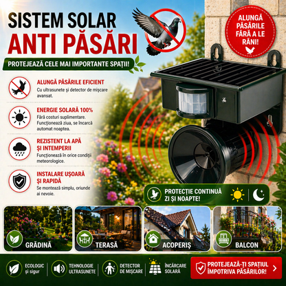 Sistem Solar Anti Pasari pentru Gradina, Terasa si Acoperis – Aparat cu Ultrasunete si Detector Miscare
