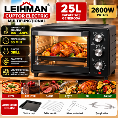 Cuptor Electric Multifuncțional Leihman 25L, 2600W, Temperatură Reglabilă 100-320°C, Temporizator 60 min, Funcție Grill & Convecție – Gătit Perfect și Rapid!