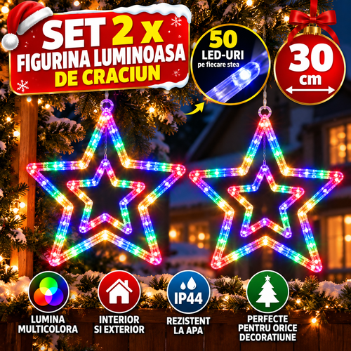 Set 2 x Figurina Luminoasa de Craciun in Forma de Stea, 50 LED-uri, 30 cm, IP44, Interior si Exterior