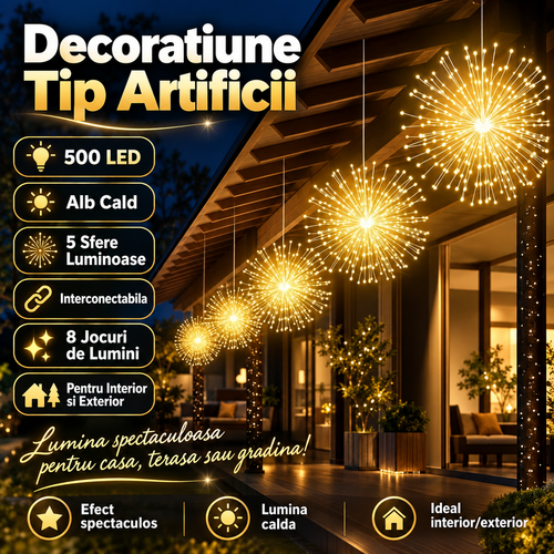 Decoratiune Tip Artificii 500 LED Alb Cald, 5 Sfere Luminoase, Interconectabila, 8 Jocuri de Lumini, Pentru Interior si Exterior