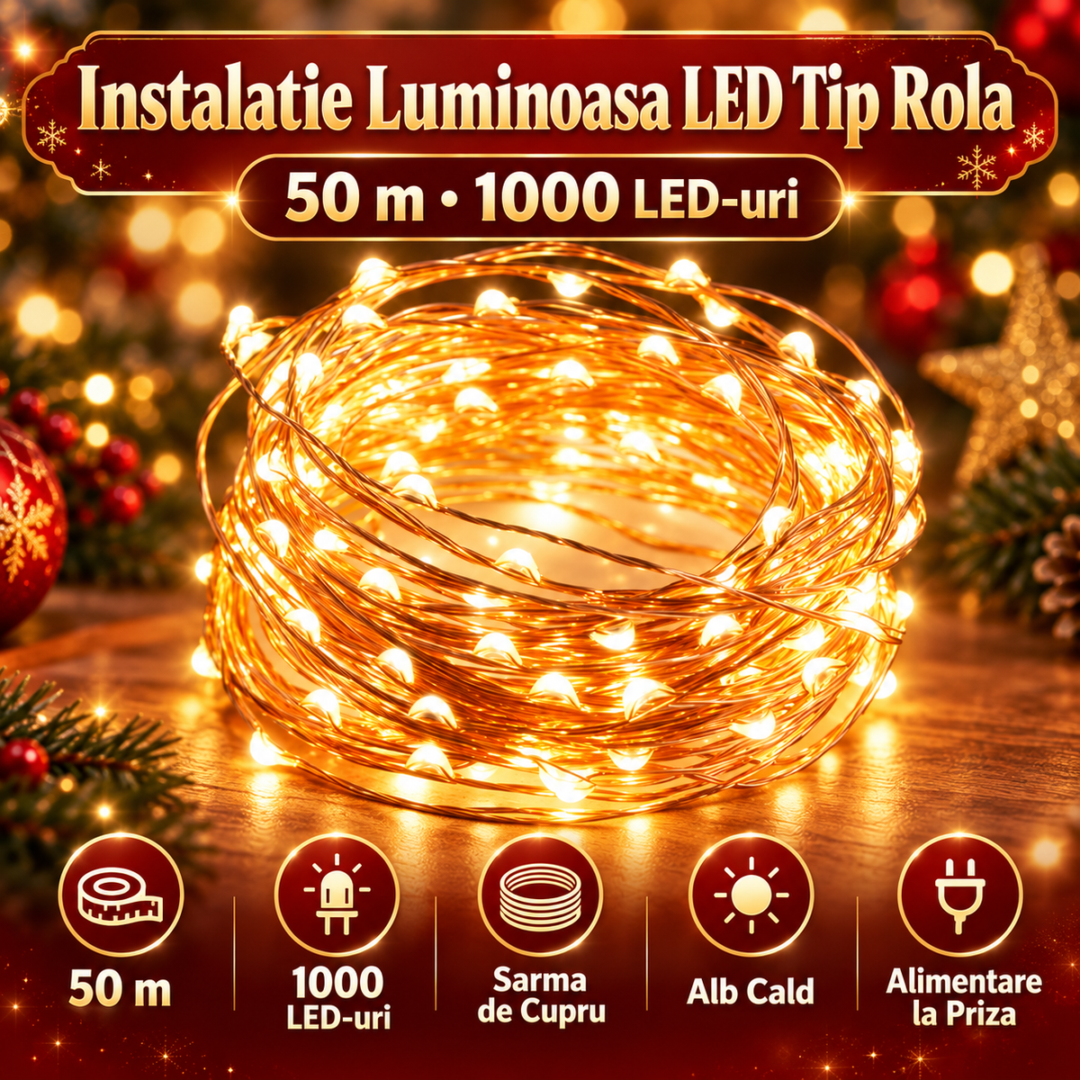 Instalatie Luminoasa LED Tip Rola, 50 m, 1000 LED-uri, Sarma de Cupru, Alb Cald, Alimentare la Priza