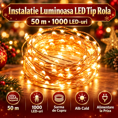 Instalatie Luminoasa LED Tip Rola, 50 m, 1000 LED-uri, Sarma de Cupru, Alb Cald, Alimentare la Priza